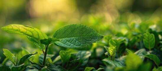 Poster - A serene image of a green leaf in a garden surrounded by lush greenery perfect for a natural backdrop with space for text or graphics. Creative banner. Copyspace image