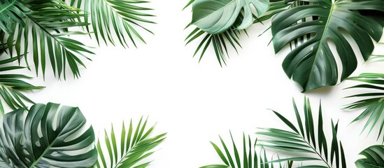 Leinwandbilder - Flat lay top view of a tropical green palm leaves and branches pattern frame isolated on a white background with abstract copy space image