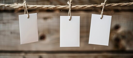 Aufkleber - White paper cards hanging from a rope on a wooden backdrop ideal for a copy space image
