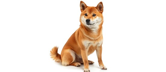 Poster - Red haired Japanese Shiba Inu dog sits happily in a front view pose on a white background perfect for a copy space image