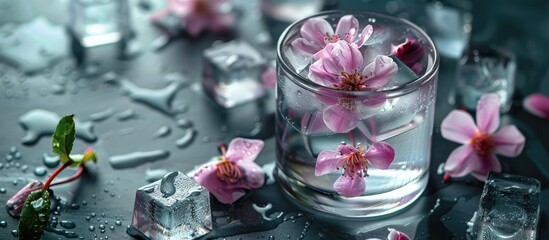 Poster - Table with a glass of water and decorative ice cubes with flowers floating in it providing a copy space image