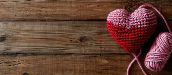 Aufkleber - Vertical Valentine s Day themed image with a crocheted pink and red heart amigurumi displayed on a wooden background next to a skein of yarn all set against a copy space