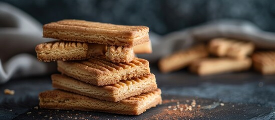 Poster - Italian Savoiardi ladyfingers biscuits displayed against a dark concrete backdrop creating a sophisticated and elegant look with copy space image