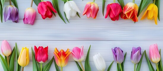 Fototapete - Spring themed holiday background featuring a colorful tulip frame on a white wooden surface suitable for Valentine s Day Women s Day and Mother s Day greeting cards Ideal for a top view copy space im
