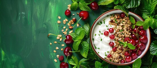 Aufkleber - Vegetarian breakfast bowl with granola strawberries cherries nuts and yogurt set against a backdrop of green foliage with a copy space image available