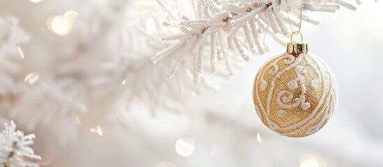 Poster - Golden bauble hanging decoratively on a white Christmas tree branch in a festive setting ideal for Christmas and New Year celebrations with copy space image