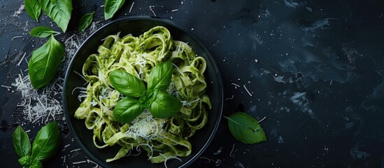 Aufkleber - Traditional Italian dish featuring pasta drizzled with pesto sauce topped with parmesan cheese and fresh basil on a black background with copy space image