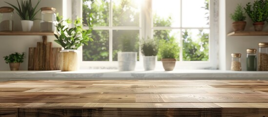 Fototapete - Kitchen window and shelves in the blurred background of a wooden table with copy space image