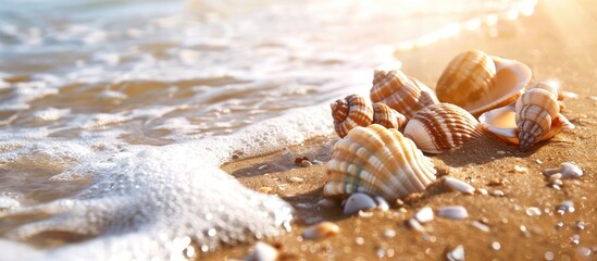 Leinwandbilder - Seashells on sandy beach close up with copy space image
