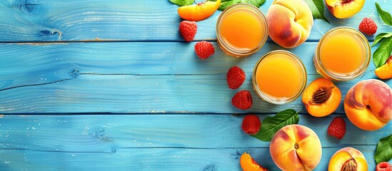 Poster - Flat lay of fresh fruits and natural peach juice on a blue wooden table with copy space image available