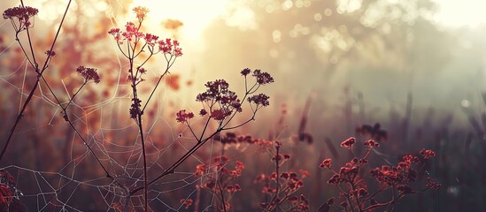 Fototapete - Vintage retro autumn abstract background featuring dry plants at sunrise with a spider web providing ample copy space image