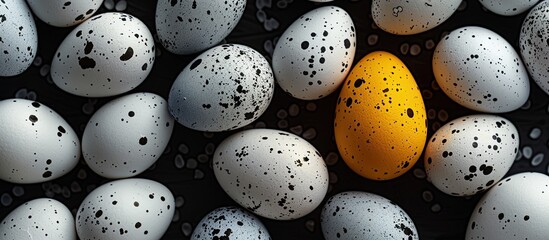 Poster - A festive Easter themed backdrop featuring small white eggs complemented by a solitary yellow egg amidst black details perfect for a copy space image