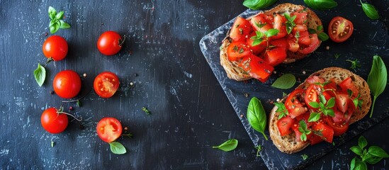 Canvas Print - Toast topped with juicy tomatoes and aromatic oregano a delightful snack with a copy space image