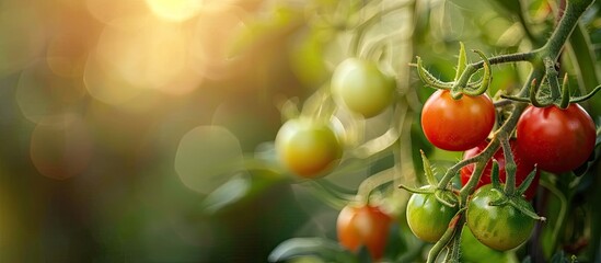 Aufkleber - Natural red and green tomatoes on a branch in a homemade greenhouse with a blurry background ideal for your advertising text with copy space image