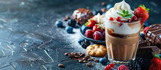 Aufkleber - Trendy Korean whipped coffee with colorful drinks cakes berries chocolates and cookies on a dark textured backdrop with copy space image