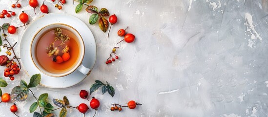 Poster - Grey table with fresh rose hip tea berries in flat lay copy space image