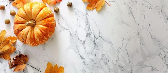 Poster - Top down view of a pumpkin displayed on a white table with an autumn themed background featuring copy space for additional images