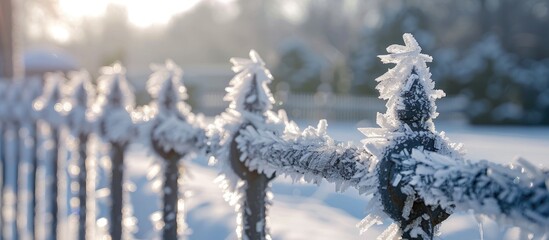 Aufkleber - Copy space image of a frost coated metal fence with icy crystals due to strong frost