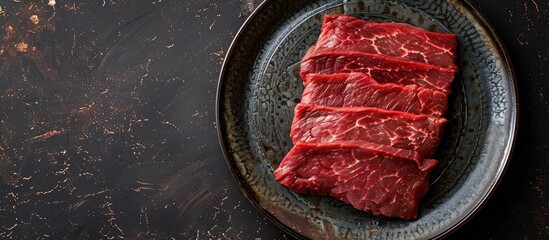 Poster - Top view of a plate with a raw flank steak Dark background with copy space image