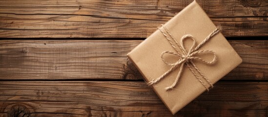 Poster - Gift box held in a top view perspective against a wooden background featuring decoration and a spacious area for images or text. Creative banner. Copyspace image