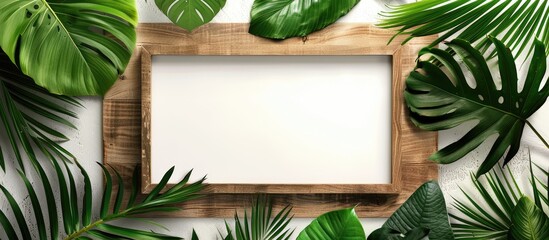 Poster - A wooden frame surrounded by lush green leaves on a white background with copy space image