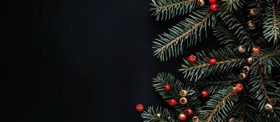 Poster - A festive holiday scene featuring decorated fir tree branches against a black backdrop providing a Christmas themed copy space image for your design needs