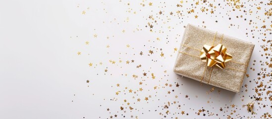 Leinwandbilder - A banner gift box with gold glitter set against a white backdrop creates an elegant copy space image