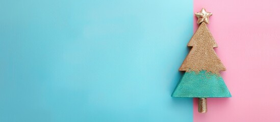 Aufkleber - Festive New Year background featuring a pink and blue color scheme alongside a small toy golden homemade Christmas tree on a flat lay copy space image