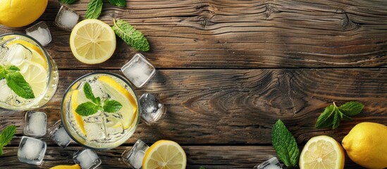 Wall Mural - Refreshing summer lemonade with lemon slices mint leaves and ice cubes in two glasses on a wooden surface accompanied by a backdrop suitable for a copy space image