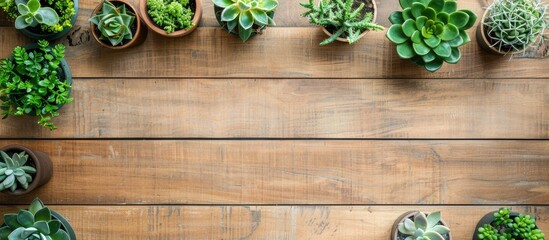 Poster - Potted plants displayed on a wooden surface with copy space image