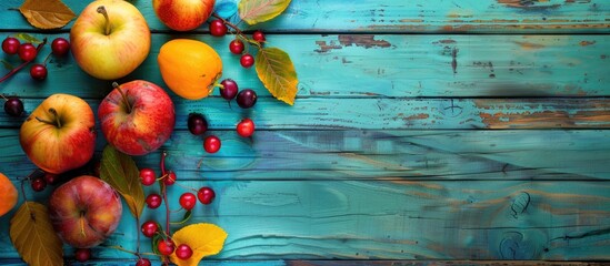 Poster - Still life arrangement of autumn fruits on a vibrant wooden table as a background for copy space image
