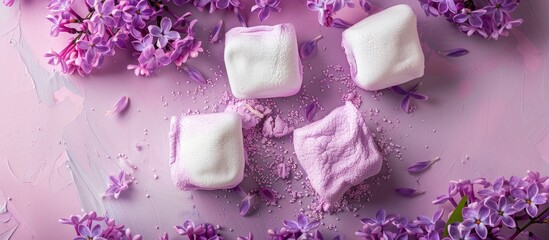 Aufkleber - Top view of a homemade marshmallow in violet color set against a background of lilac flowers and zephyr ideal for copy space image