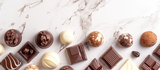 Aufkleber - Variety of luxurious chocolates in white dark and milk set against a sweet themed backdrop with a blank area for images. Creative banner. Copyspace image