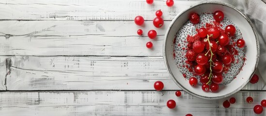 Aufkleber - Vanilla chia pudding with red berries on a white wooden backdrop perfect for a healthy snack concept with space for adding text or other images. Creative banner. Copyspace image