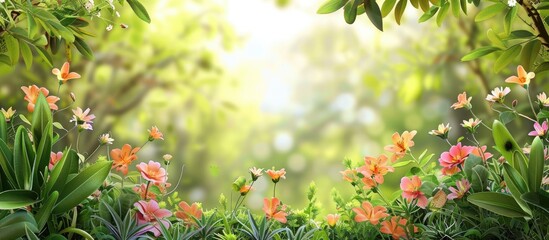 Aufkleber - Vivid spring scene with blooming flowers and foliage set against a summery backdrop suitable for text additions in a copy space image