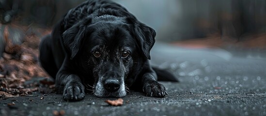 An elderly black dog is sitting on the ground looking hungry for food with a focus on the subject s expression leaving room for additional images to be added