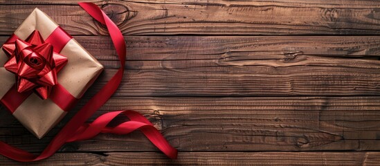 Poster - Wooden background with a red ribbon adorned gift box presenting ample copy space for images