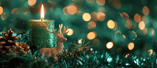 Leinwandbilder - Glass background with a Christmas candle green tinsel and sequined deer perfect for a copy space image