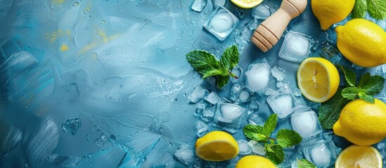 Wall Mural - Lemonade ingredients on citrus lemon background with copy space image showcasing fresh lemons mint leaf ice cube and wooden squeezer