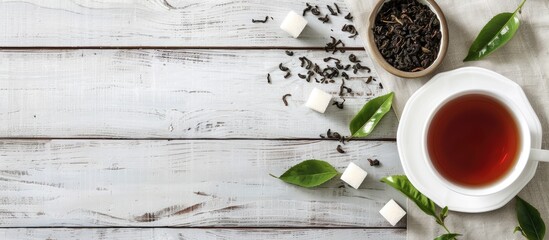 Wall Mural - White wooden background with tea leaves and sugar cubes showcasing variation with copy space image