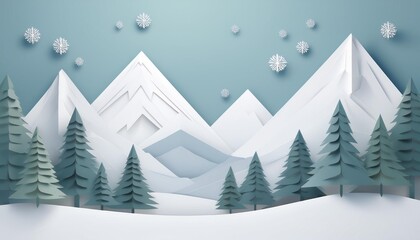 Merry christmas,Snow forest pines in winter and mountain Paper vector Illustration