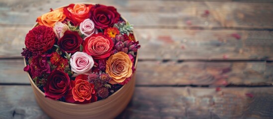 Poster - A round box filled with flowers placed on a light wooden surface with Happy Valentine s Day written on it ideal for a copy space image