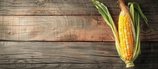 Sticker - Top view of a fresh sweet corn cob in its natural husk on a wooden surface with empty space for adding images. Creative banner. Copyspace image