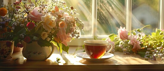 Poster - A morning scene with a cup of tea on a bright table by a window surrounded by bouquets of flowers and a blank area for an image. Creative banner. Copyspace image