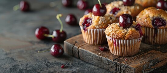 Sticker - Gluten free muffin made with flax seeds millet and rice flour filled with cherries A rustic photo with copy space image to showcase healthy pastries