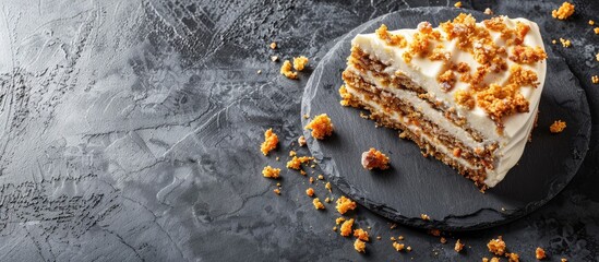 Poster - Top view of a vegan raw carrot cake on a gray stone surface with copy space and selective focus showcasing a slice of healthy homemade cake