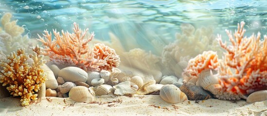 Fototapete - Seaside scene featuring coral rocks and sand on the beach against a copy space image
