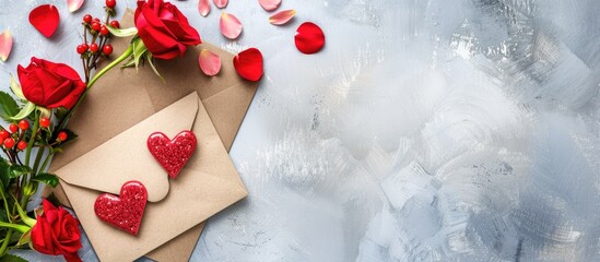Poster - Valentine s Day card mockup with envelope red heart and flowers on a paper background for copy space image