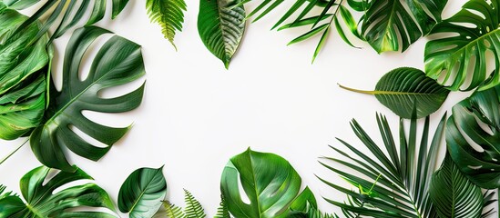 Poster - A wooden frame surrounded by lush green leaves on a white background with copy space image