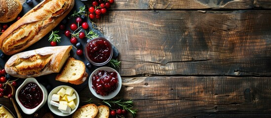 Poster - Horizontal menu design featuring fresh bread Camembert cheese and cowberry jam on a vintage dark wooden table with copy space image